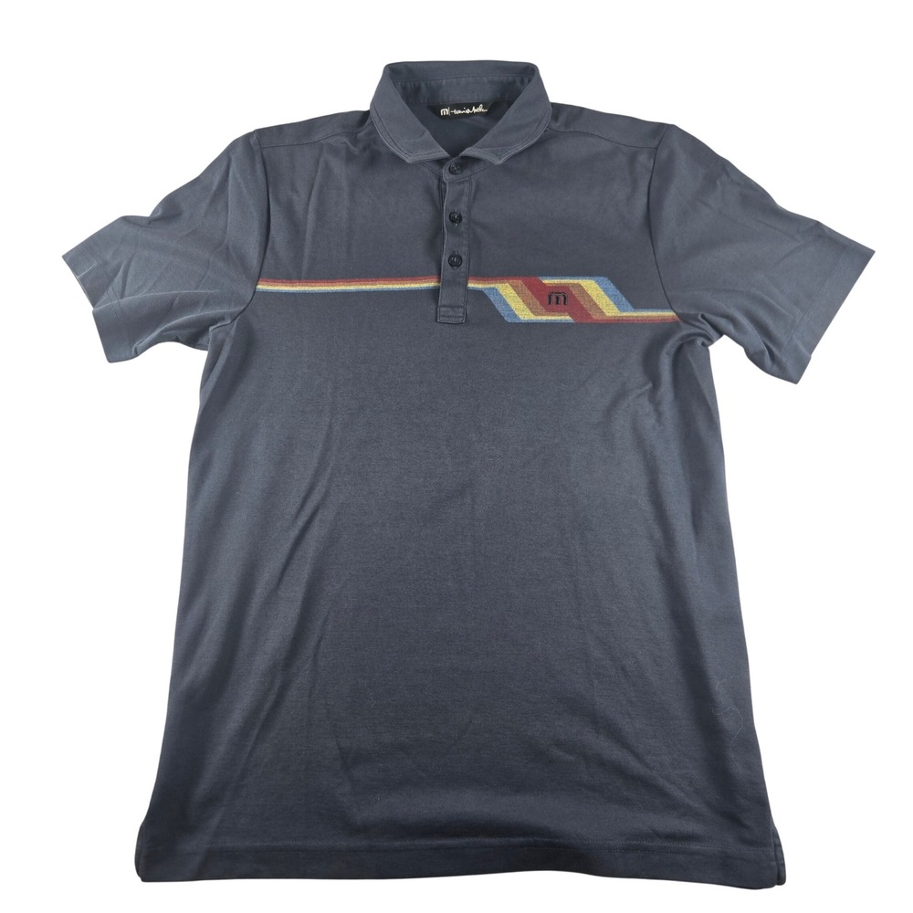 TravisMathew Polo Shirt‎ Men's Medium Blue Retro Stripe Golf Casual Stretch